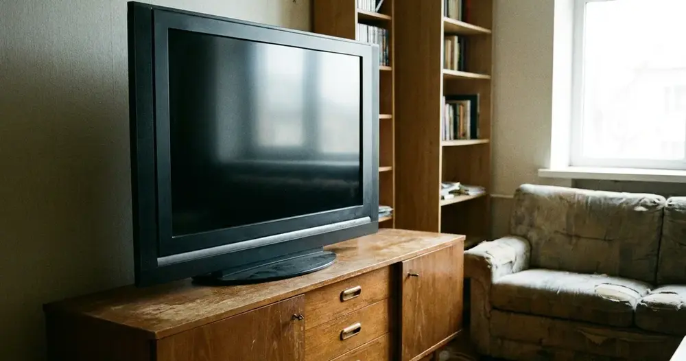 televisão de tela plana antiga sobre aparador de madeira em sala simples